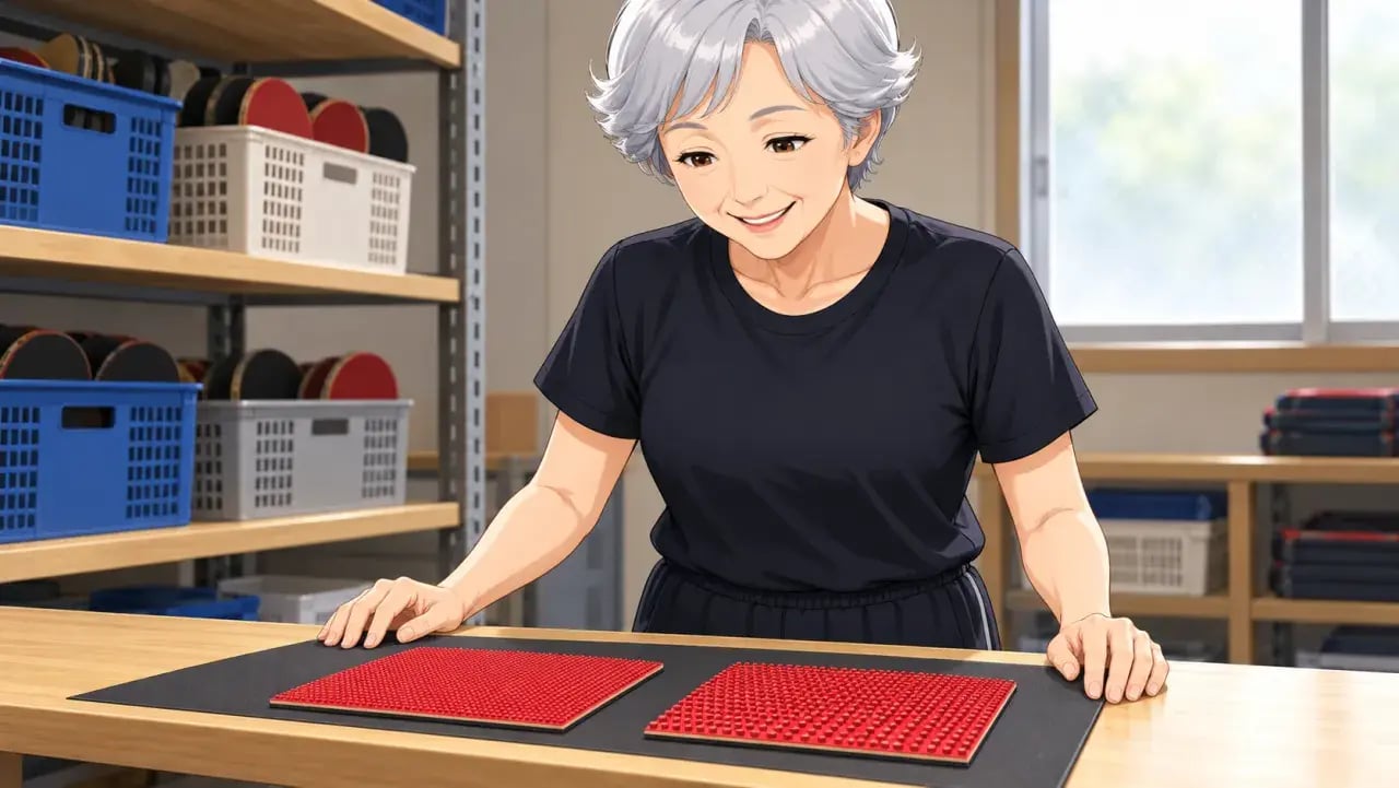 粒の異なる二枚のラバーを机に並べて見る女性