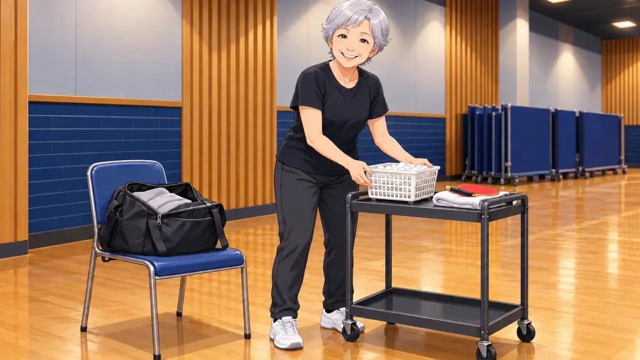 ボールのかごを台車に載せて練習の準備をする女性