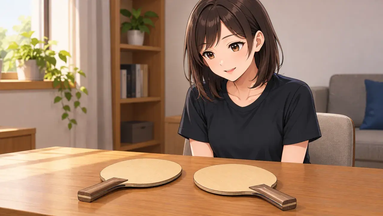 机に並べた二本の木製ラケットを見比べる女性