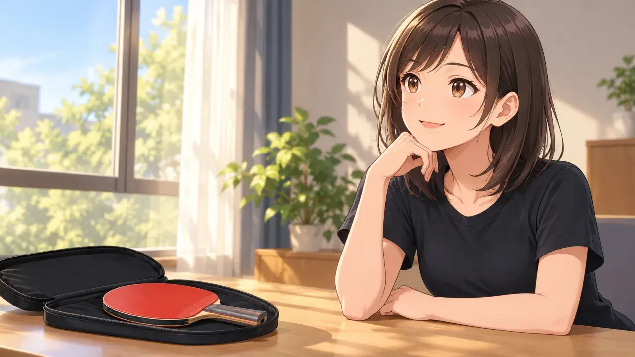 ケースに置いたラケットを前に、自分のプレーを考える女性