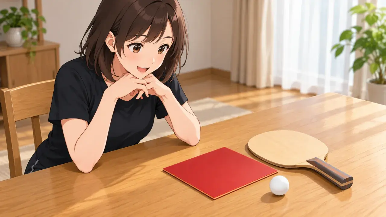机に並べた赤いラバーと木製ラケット、ボールを楽しそうに眺める女性