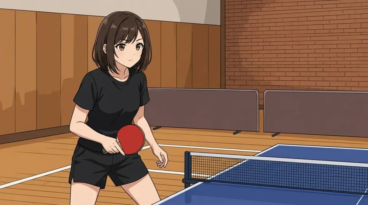 卓球台の前で、集中した表情でローレディ姿勢を取る若い女性選手。
