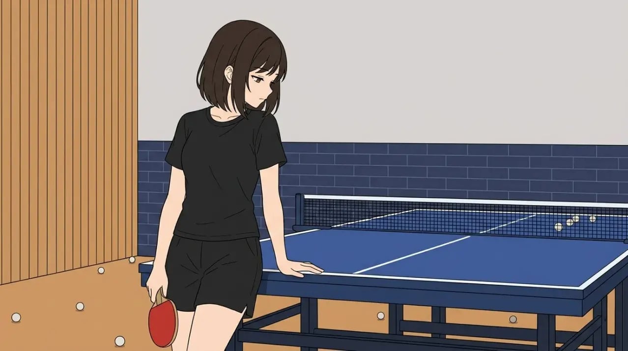 卓球台の横に立ち、ラケットを片手に卓球台を眺めながら、思案にふける若い女性。