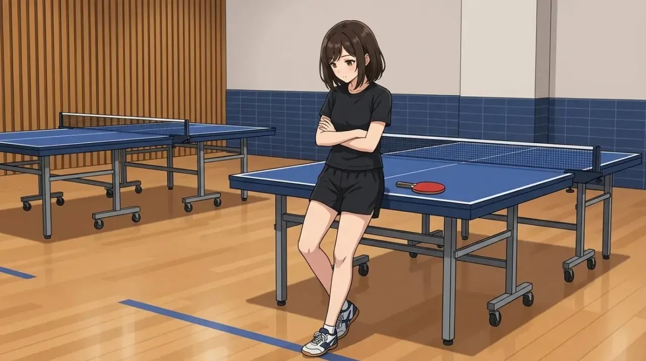 卓球台にもたれかかり、自分の足元を見つめながら考え込んでいる若い女性のイラスト。