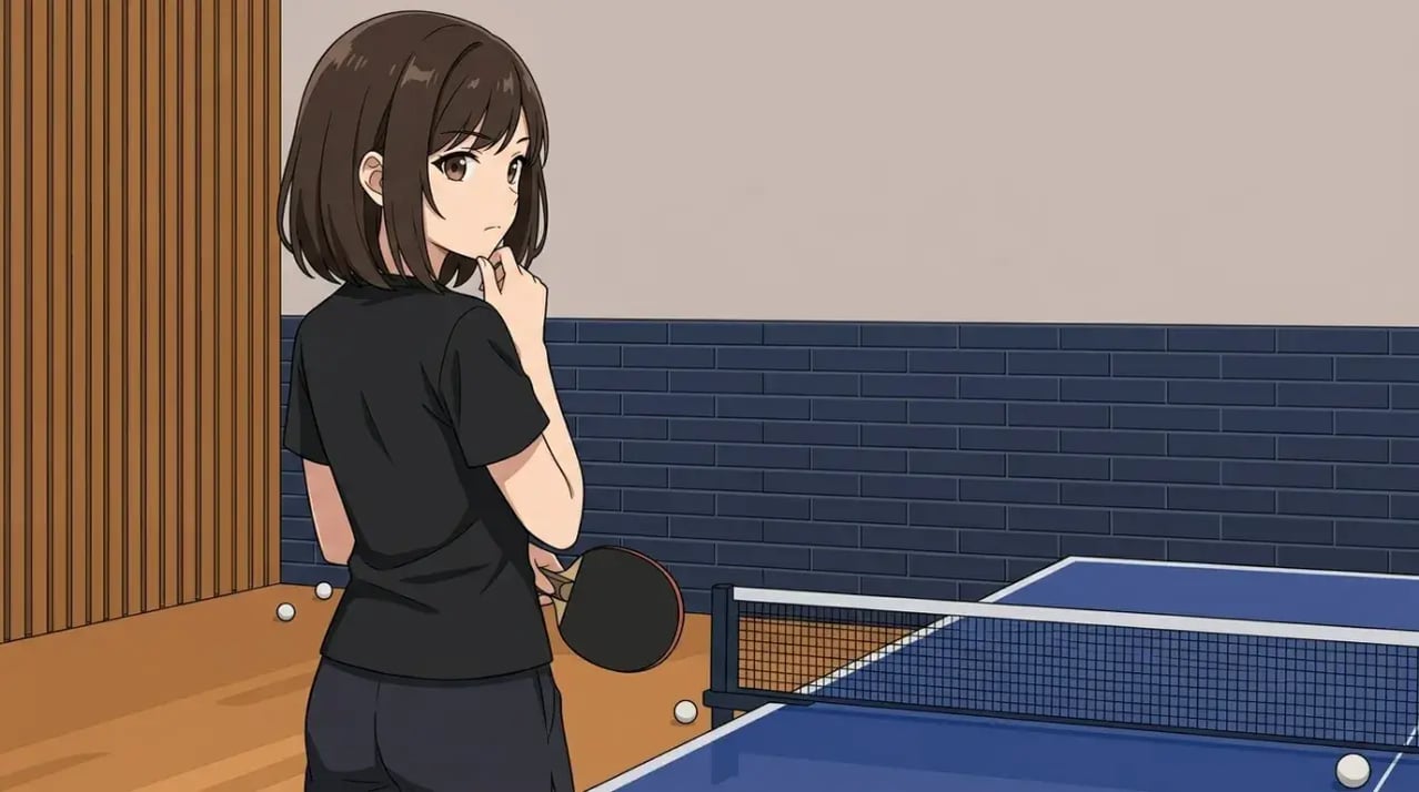 卓球台のそばに立ち、コートの向こう側を見つめながら戦術を考えている若い女性選手の後ろ姿。