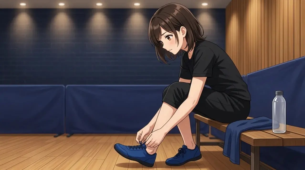 コート脇のベンチで室内用シューズの靴ひもを結ぶ女性。タオルと水筒をベンチに置いている