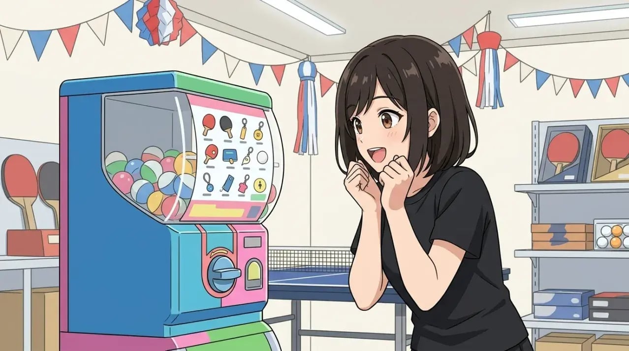 お店のイベントコーナーで、ガチャガチャの豪華景品を興味津々に覗き込んでいる若い女性。