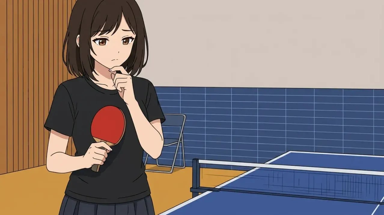 卓球台の横に立ち、ラケットを手に技術について考え込んでいる若い女性。