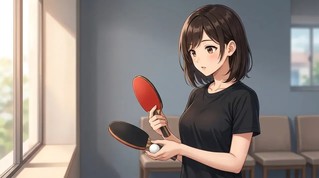 施設のロビーで、借りたラケット2本とボールを手に取ってラバー面を確かめる女性