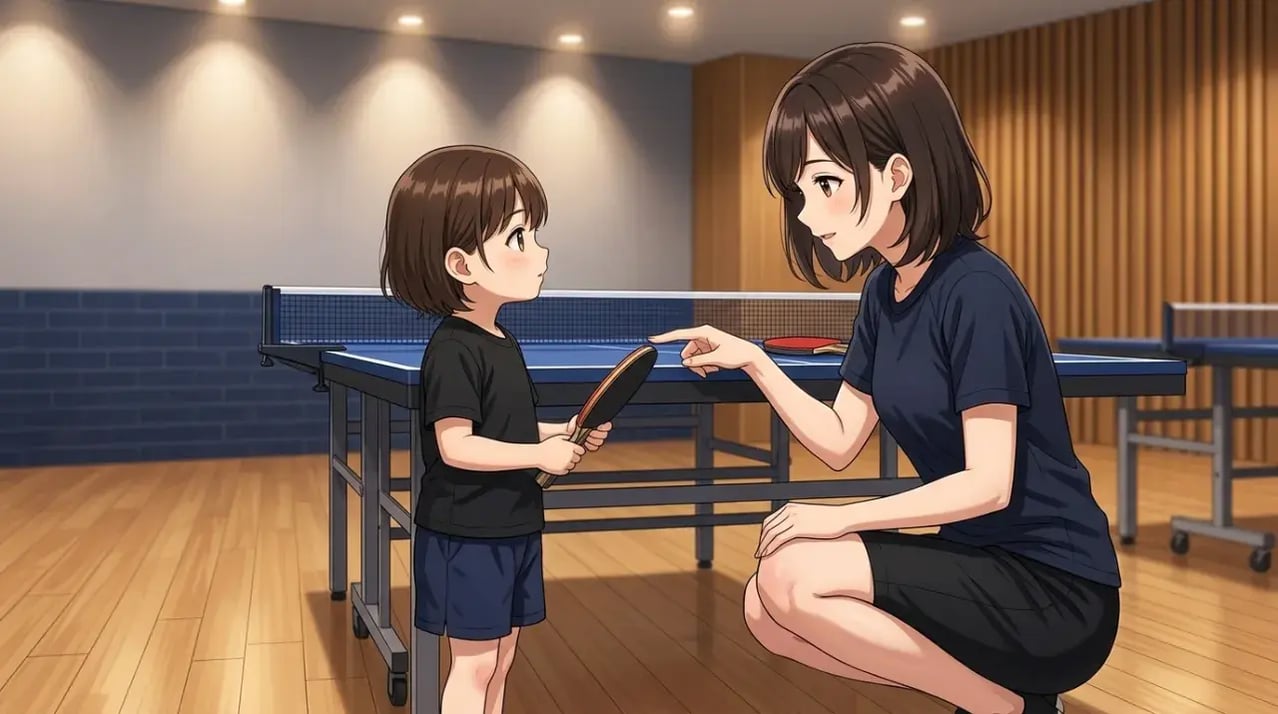公共体育館の卓球台のそばで、ラケットを持つ子どもに話しかける女性