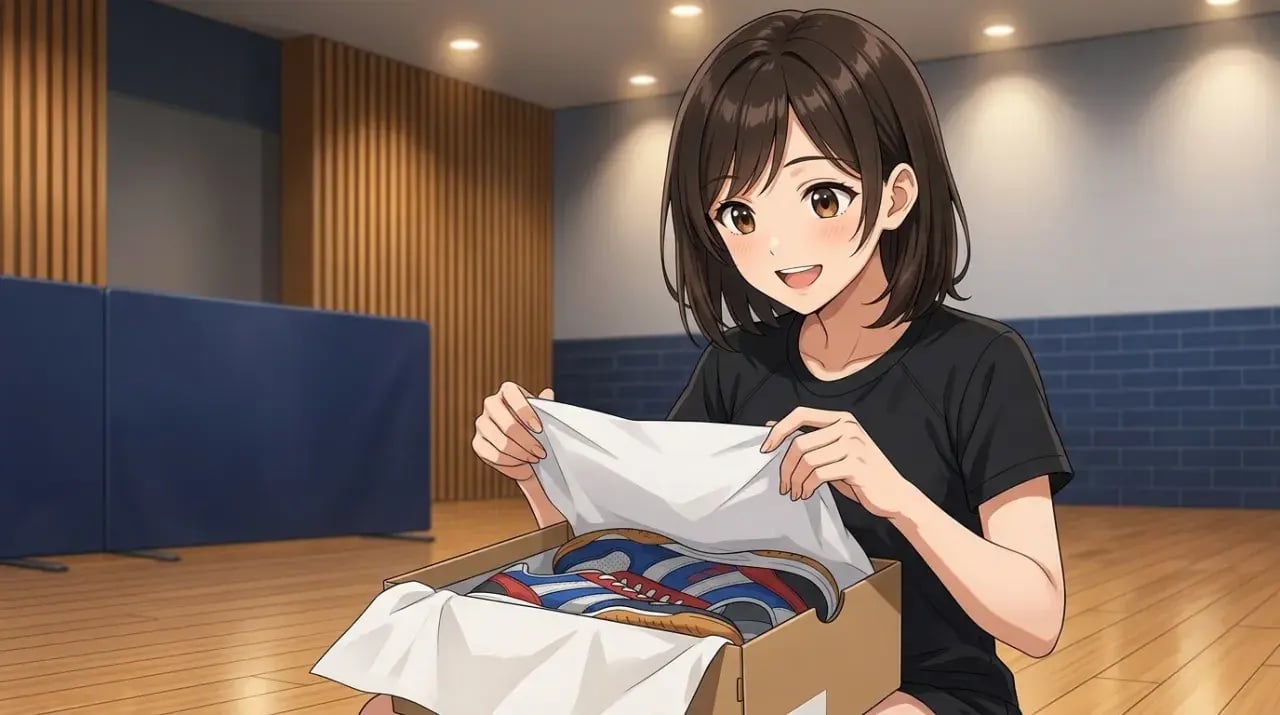 新しい卓球シューズの箱を開けて中を確かめる女性