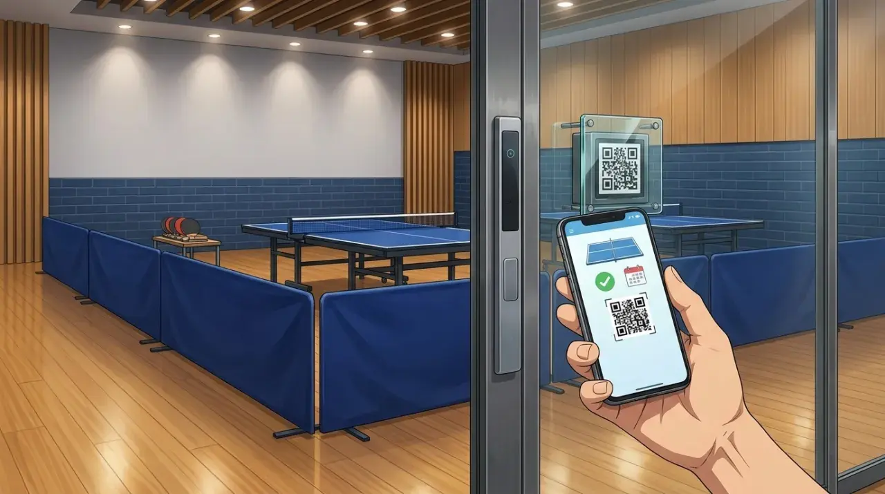 スマホ予約とQRコードで入室する無人卓球場の入り口
