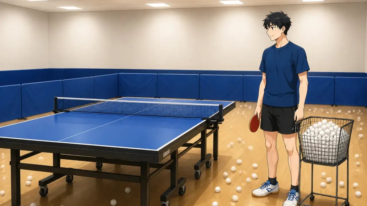 多球練習の練習場。卓球台の脇にボールかご、床に多数の練習球、コートを囲む仕切りフェンス