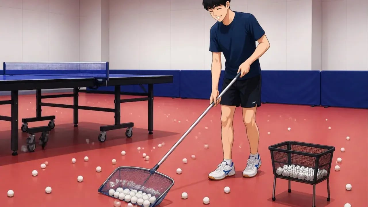 集球ネットで床の練習球を集める様子
