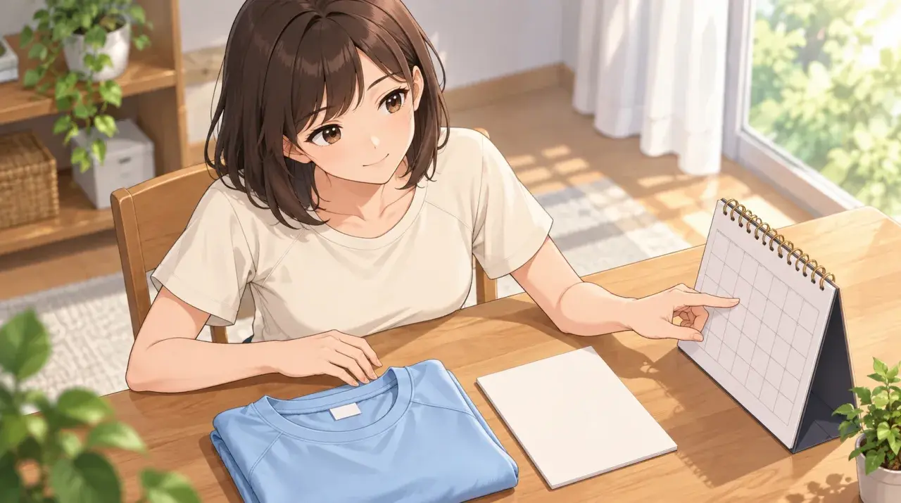 シャツと注文用の資料を並べて予定を確認する女性