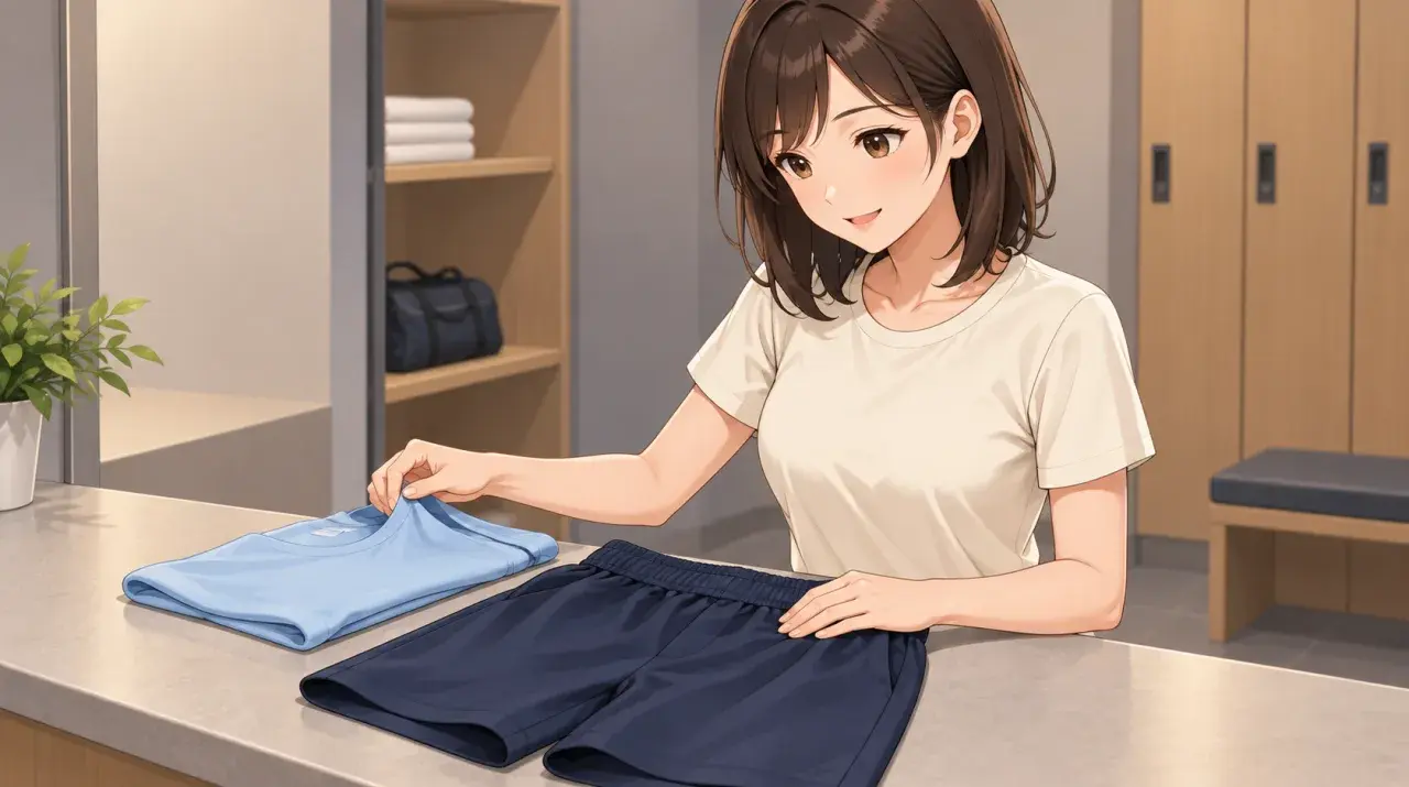 シャツとハーフパンツを並べて組み合わせを確認する女性