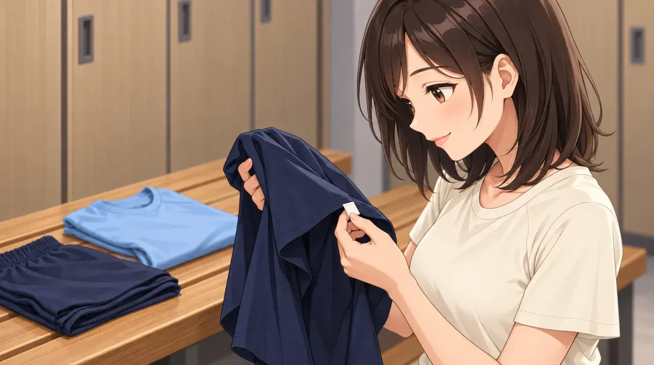大会の準備でシャツのラベルとパンツを確認する女性
