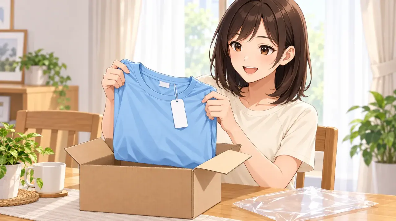 届いたシャツを箱から取り出して確認する女性
