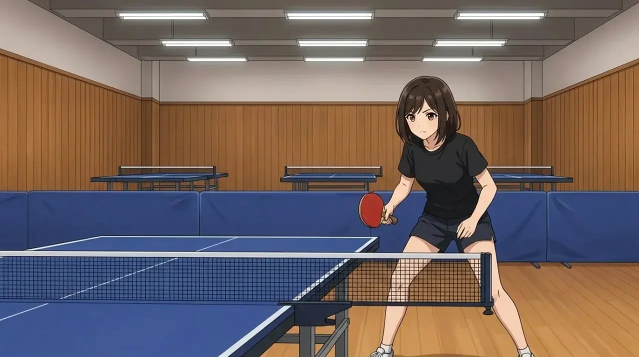 人気のない練習場で卓球台の片側に立ち、ネットの向こうをじっと見つめ、低く構えている若い女性。試合前の集中した様子。