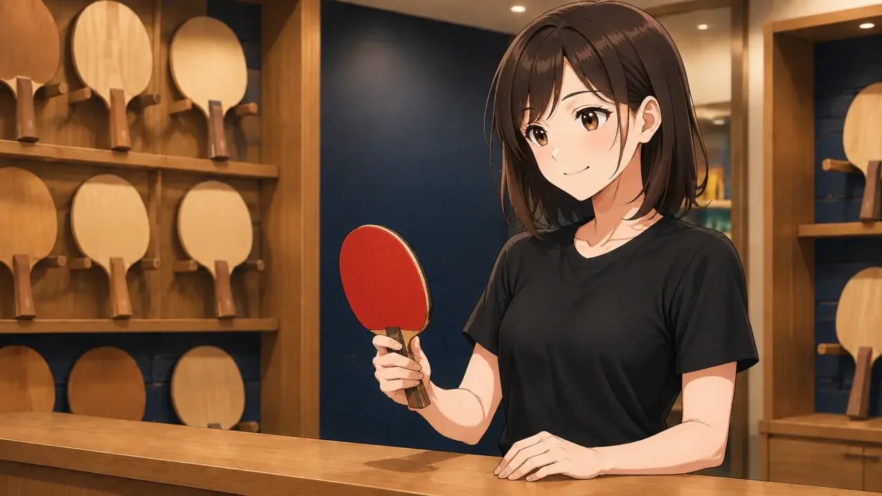 店内でラケットのグリップを握って確かめる女性