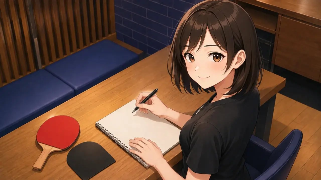 ラケットとラバーを横に置き、ノートへ書き込もうとする女性