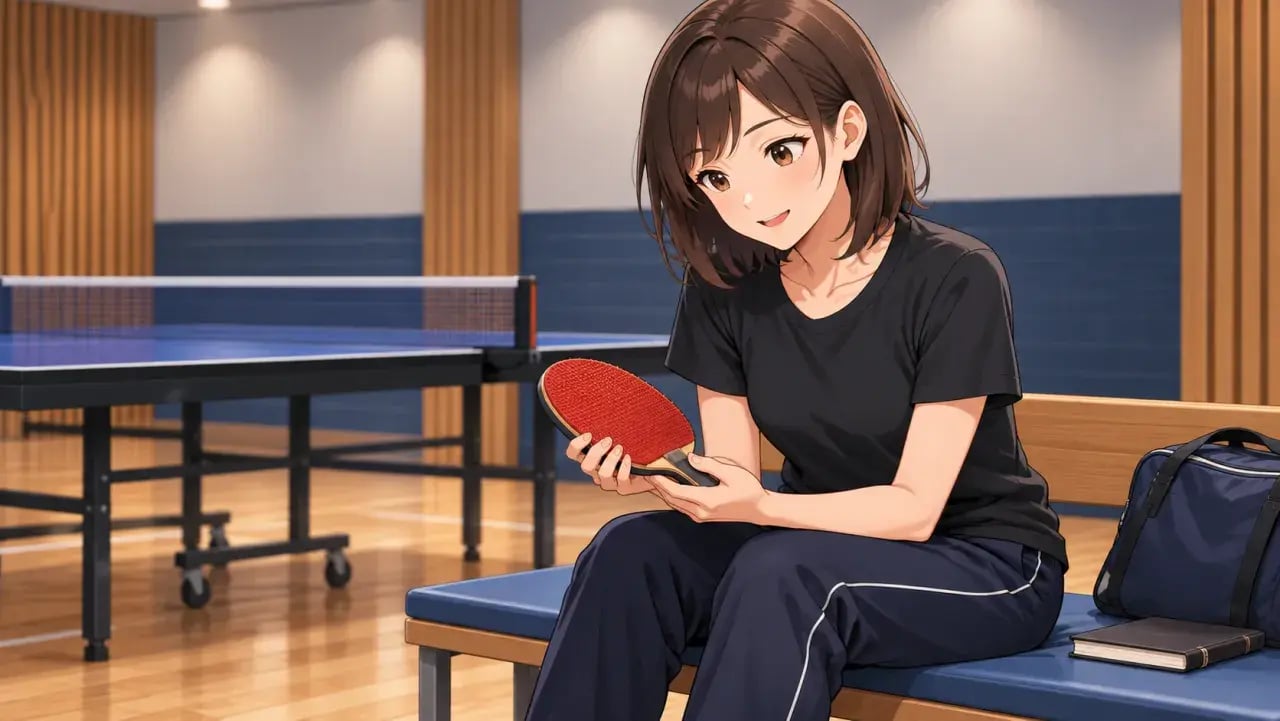 ベンチでラケットの粒のある面を見ている女性