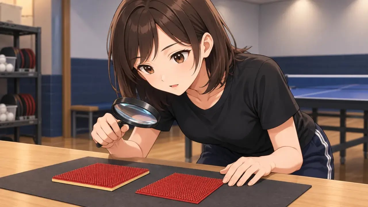 虫眼鏡でスポンジ付きとOXのラバー片を観察する女性