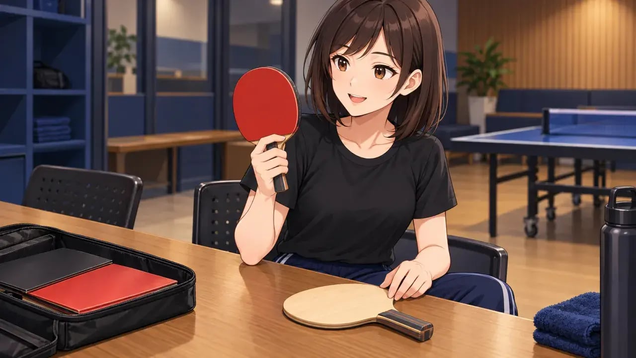 ラケットと裸のブレードを机に並べて見比べる女性