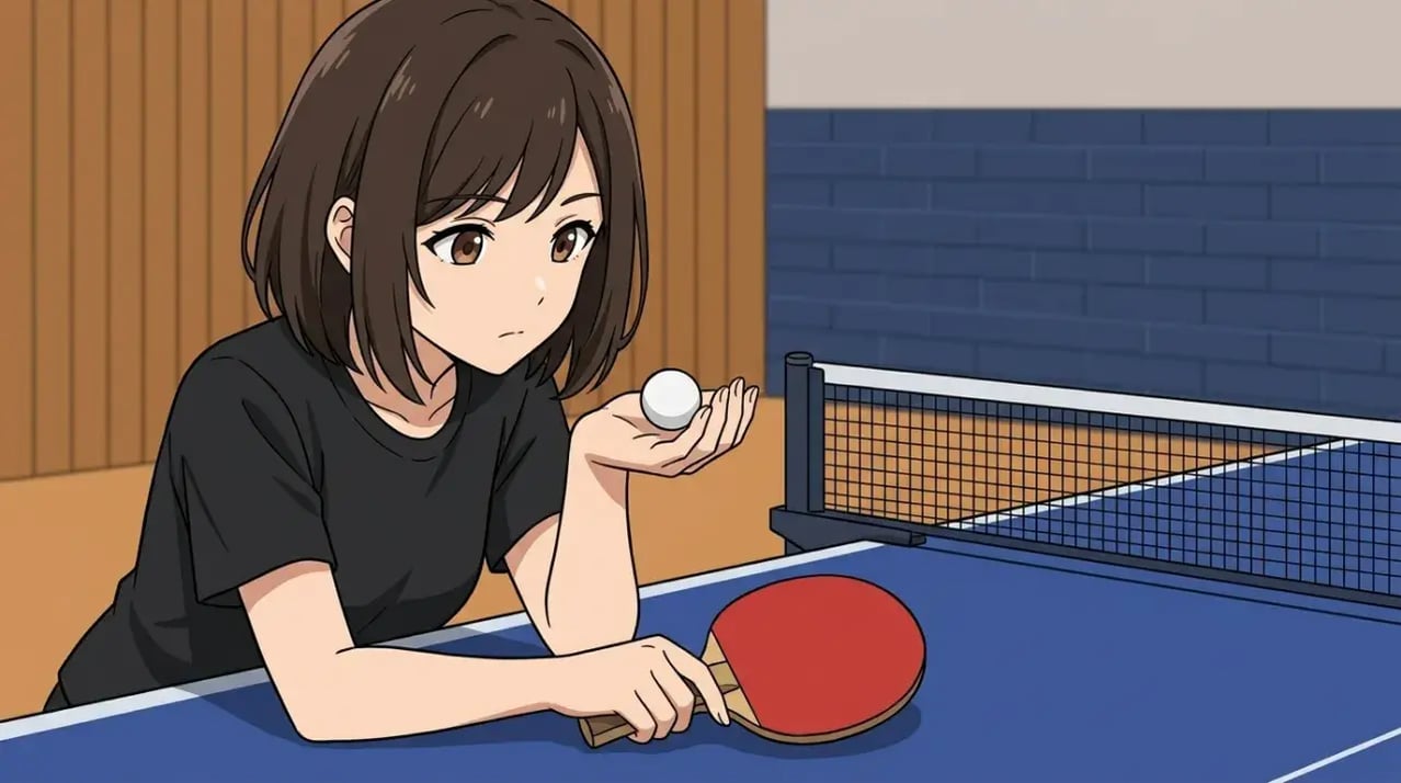 サーブについて深く考える若い女性選手が卓球台に寄りかかっている。