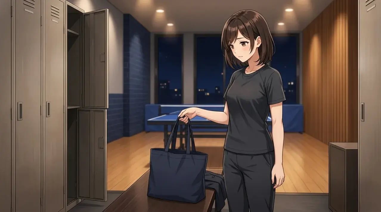夜の卓球場のロッカー前で、ベンチに置いた仕事用トートバッグの持ち手を手に取る女性。窓の外には夜の街明かりが見える