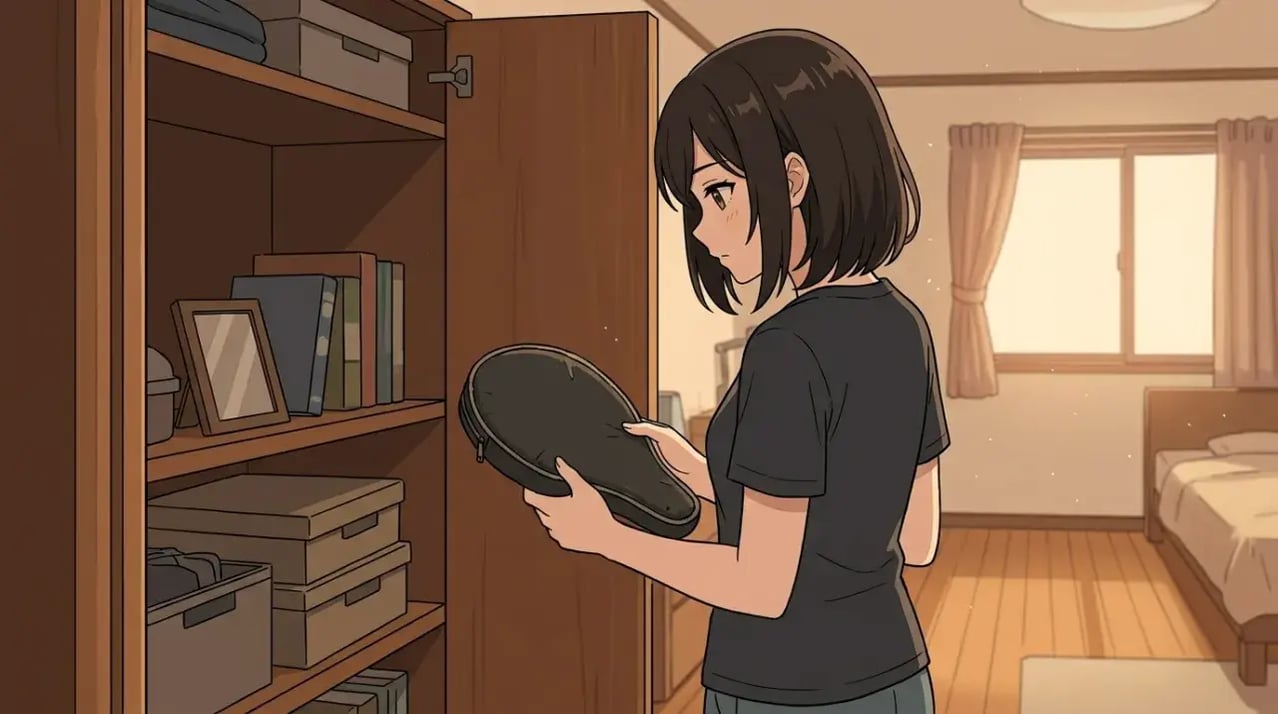 部屋の棚から古い卓球ラケットケースを取り出し、考えている女性。