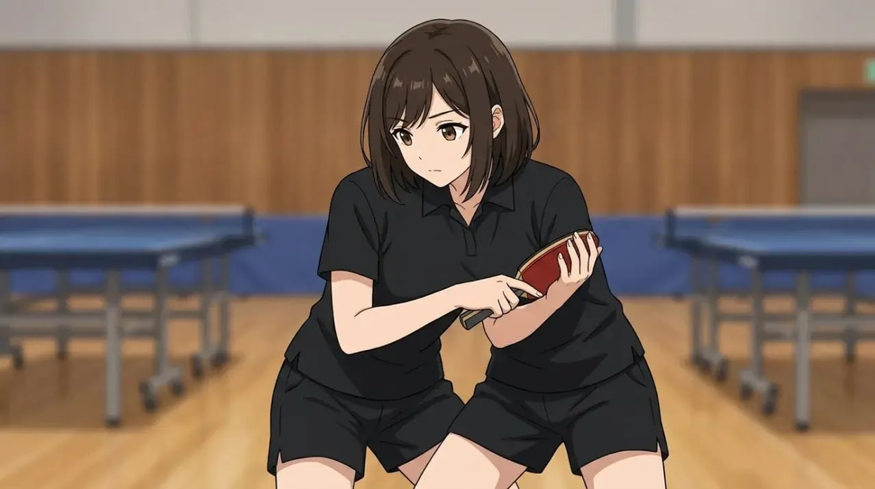 卓球の基本的な構えでラケットと手の持ち方をじっと見つめる若い女性。練習開始の集中した様子。