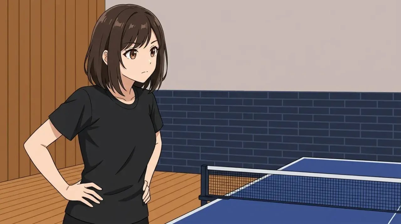 卓球台のそばで前陣カウンターの練習手順を思案する若い女性。