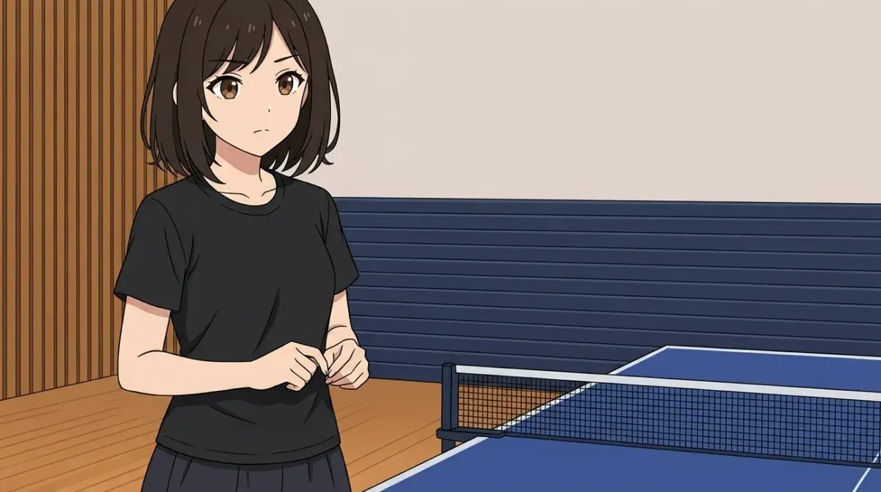 卓球台の横に立ち、相手の動きを注意深く観察し、戦略を練っている若い女性。