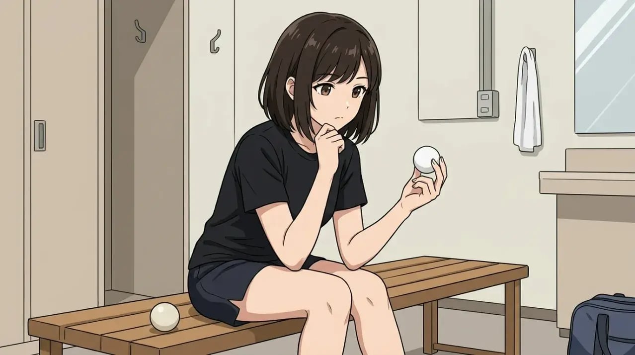 ベンチに座り、卓球ボールを手に物思いにふける若い女性のイラスト。隣にはもう一つ小さなボールが置かれ、時代の変化を暗示している。