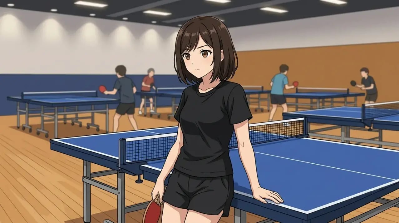 真剣な表情で卓球台に寄りかかり、左利き対策の戦術を考えている若い女性選手。