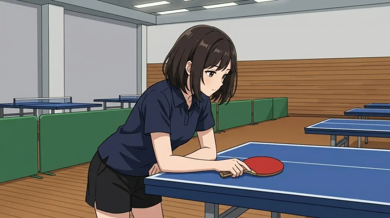 卓球台に寄りかかり、考え事をしている若い女性選手。隣にはラケットが置かれている。
