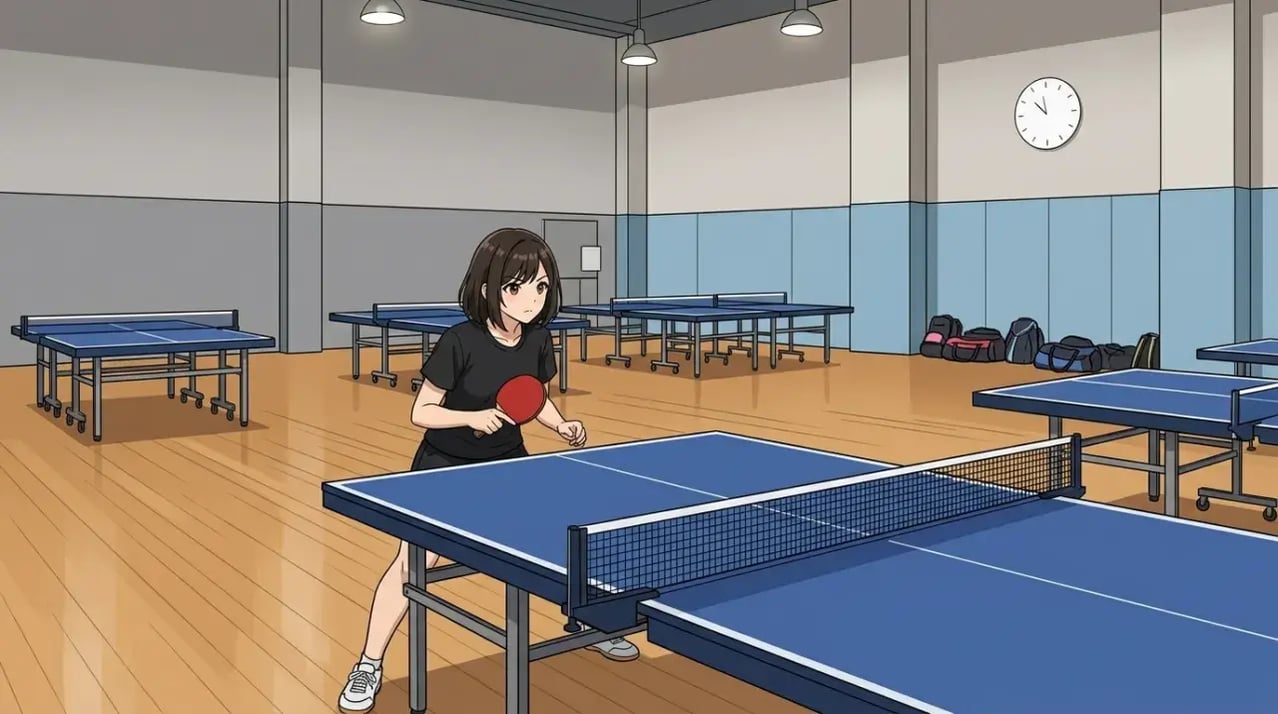 卓球の練習場。卓球台の前に立ち、低いレディポジションで集中している若い女性選手。彼女はネットの向こうを見つめている。