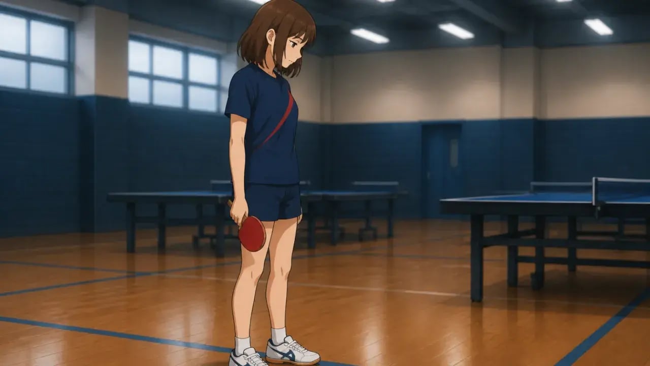床に両足を構えて自分の足元を見下ろすプレーヤーの全身