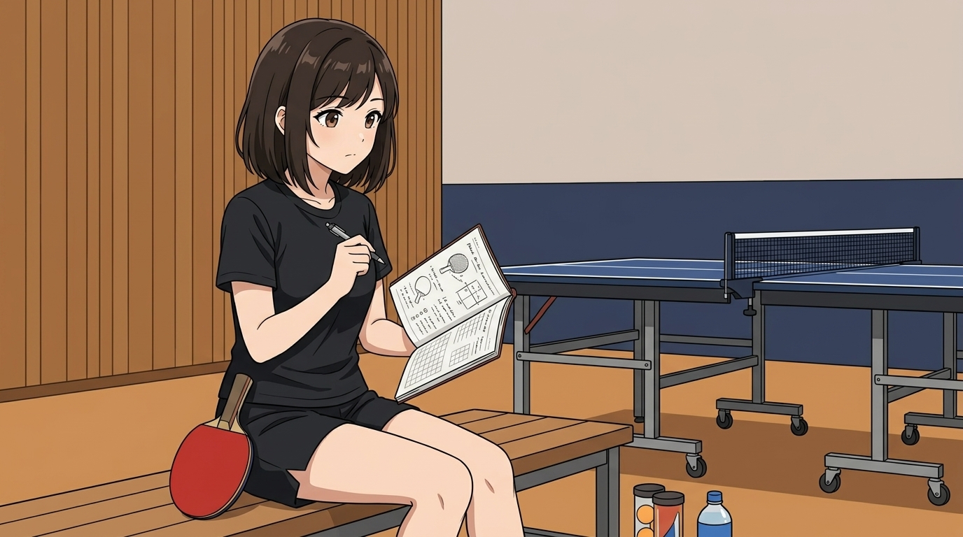 卓球台の横のベンチに座り、卓球ノートを開いてペンを手に考え込んでいる若い女性。