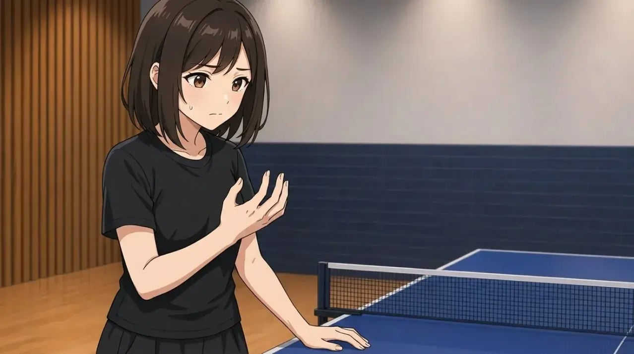 試合中に腕の重みを感じ、不安げに自分の手を見つめる女性。