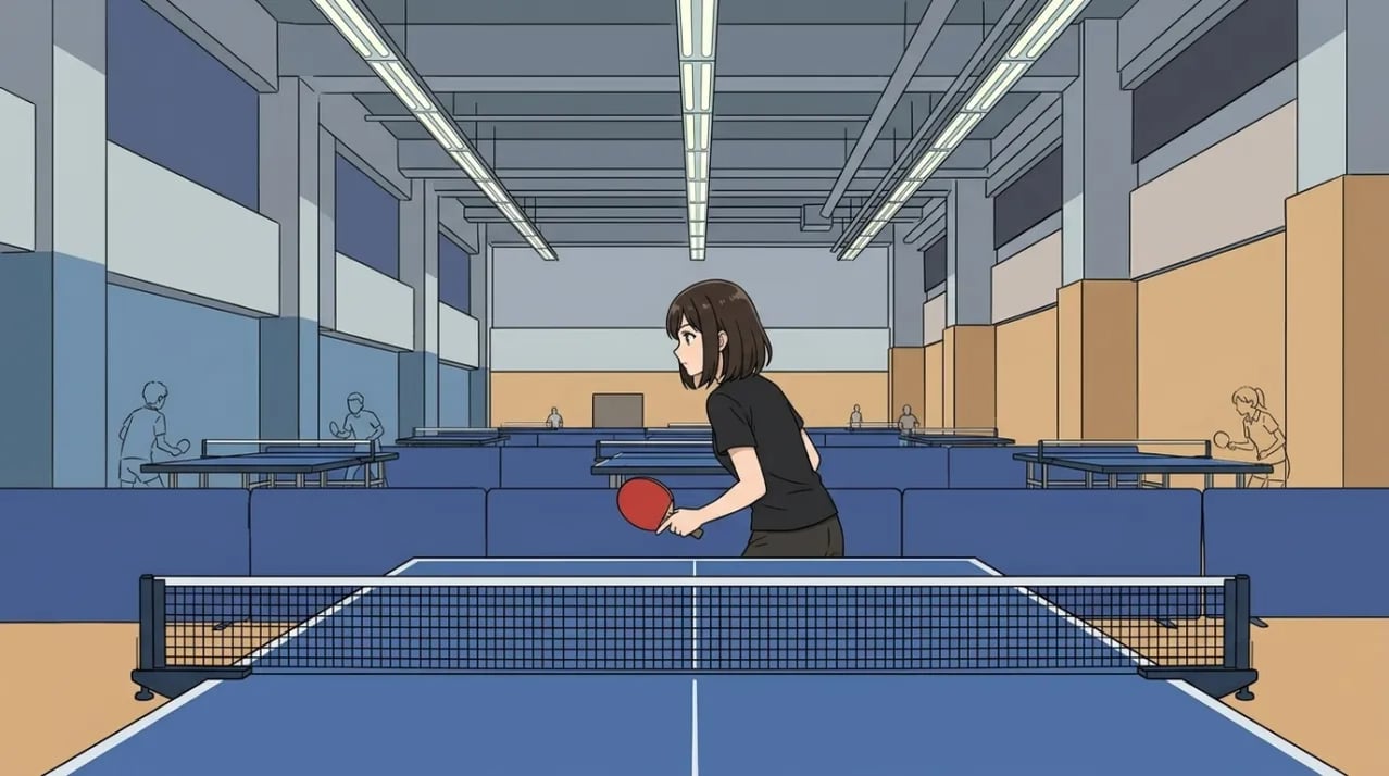 卓球台越しに、コートの向こう側で静かに相手の動きを観察している若い女性選手。