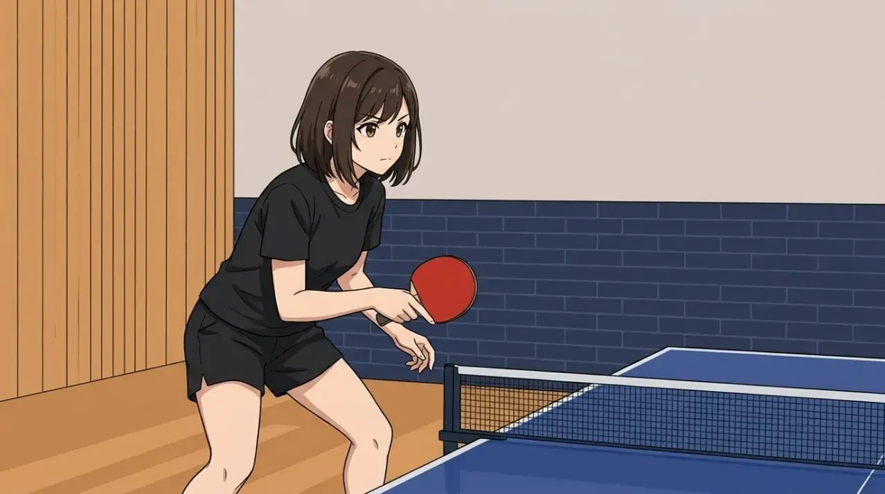 次に備えて低く構える卓球選手。ラリーが続かない原因は打った後の戻りにある