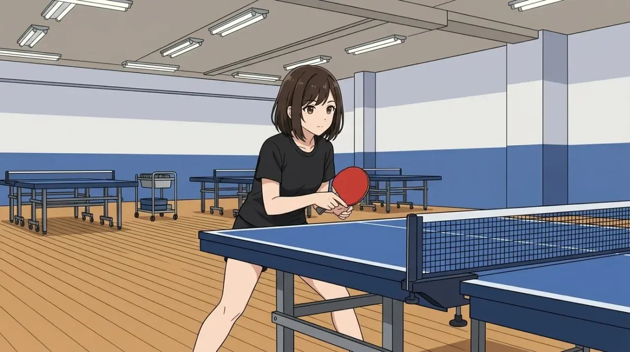 広々とした明るい練習場で、卓球台のそばで低くリラックスした構えで立つ若い女性のワイドショット