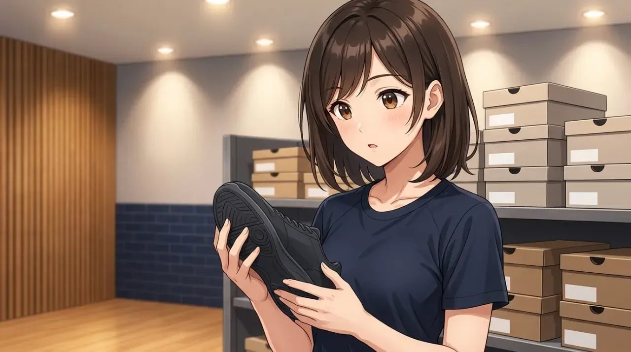 スポーツ用品店でシューズの靴底を確かめながら選ぶ女性