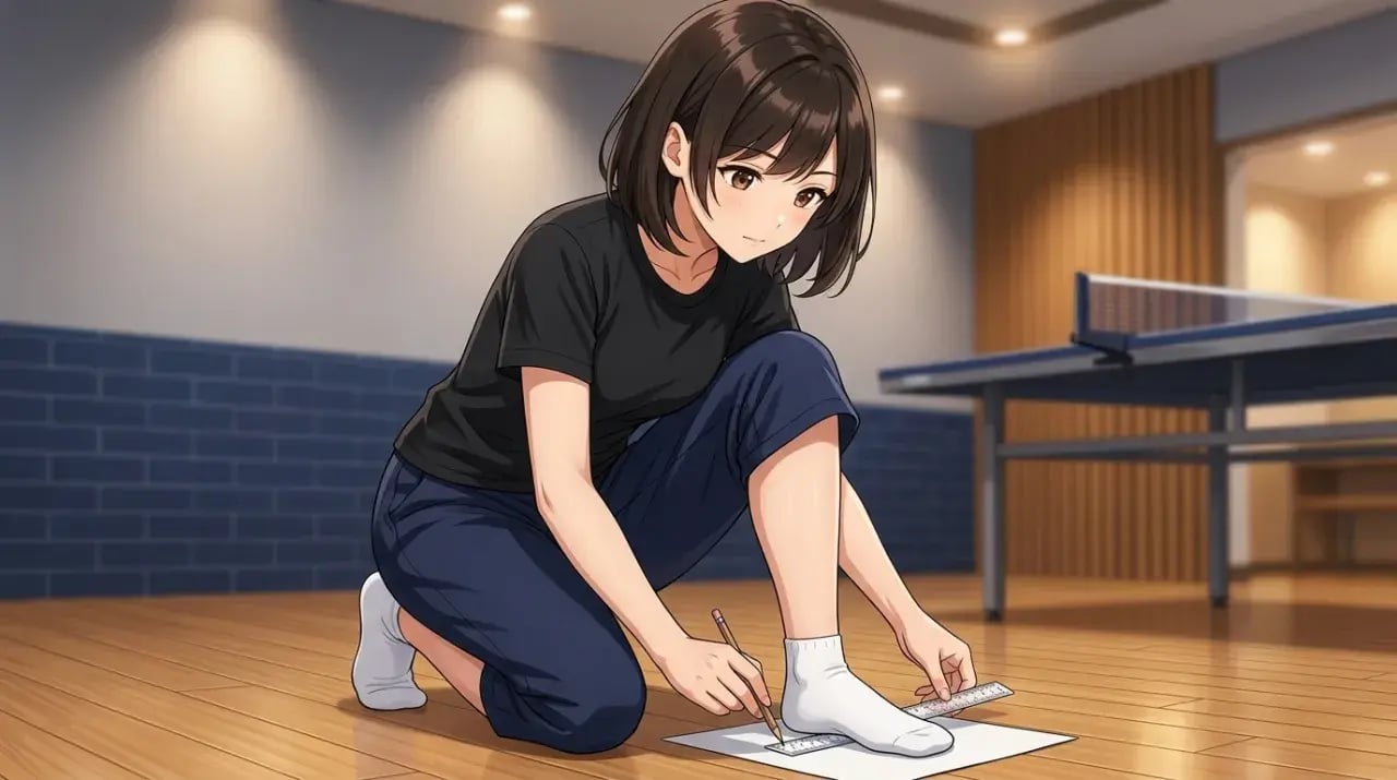 靴下を履いた足を白い紙に置き、定規と鉛筆で輪郭をなぞる女性
