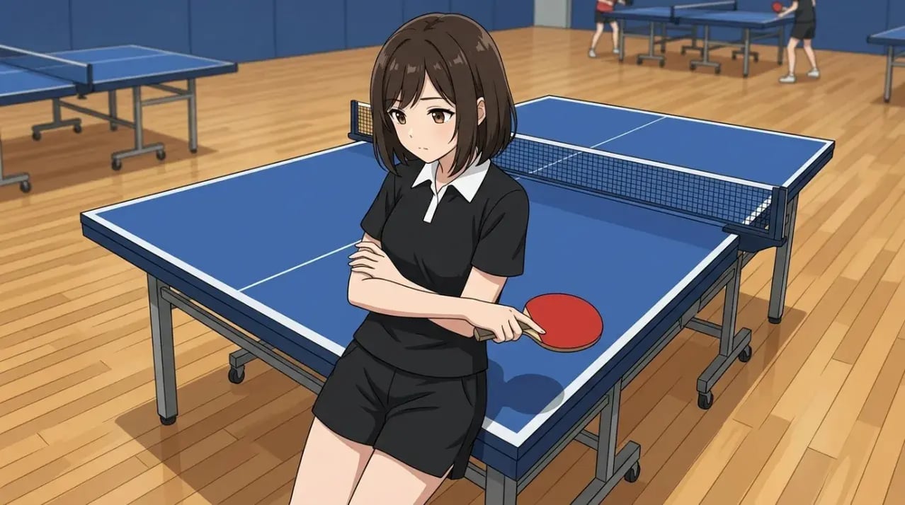 卓球台にもたれかかり、ラケットを手に思案している若い女性。試合の流れや心理戦について考えている様子。