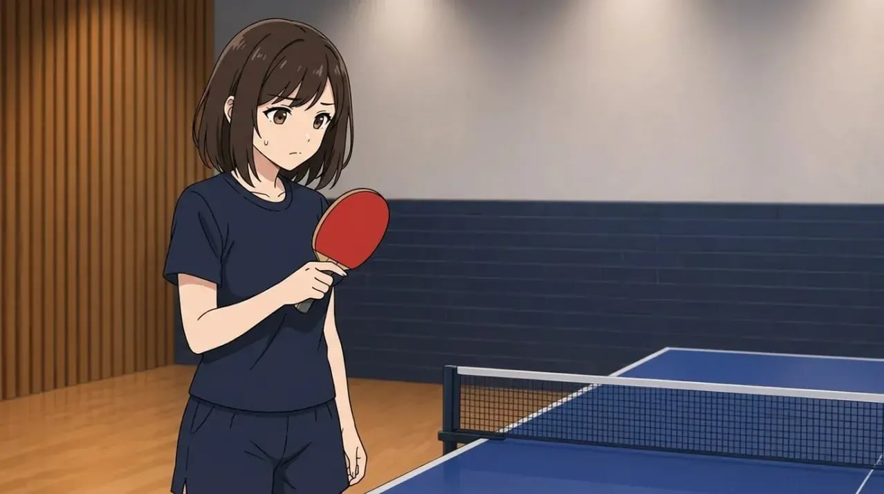 卓球台の傍でラケットを手に、考え事をしているような表情の若い女性選手。コーチによって違うアドバイスに戸惑い、熟考している様子。