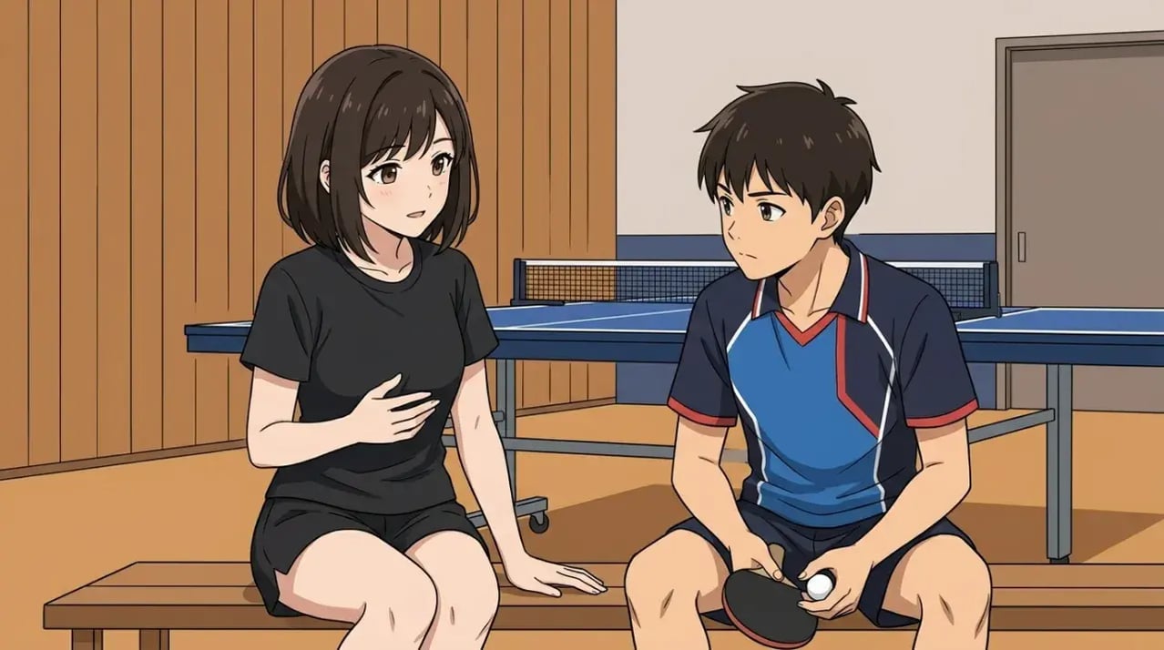 卓球台の脇のベンチに座り、若い男子選手に静かに語りかける若い女性コーチ。コーチは思慮深い表情で、選手は真剣に耳を傾けている。