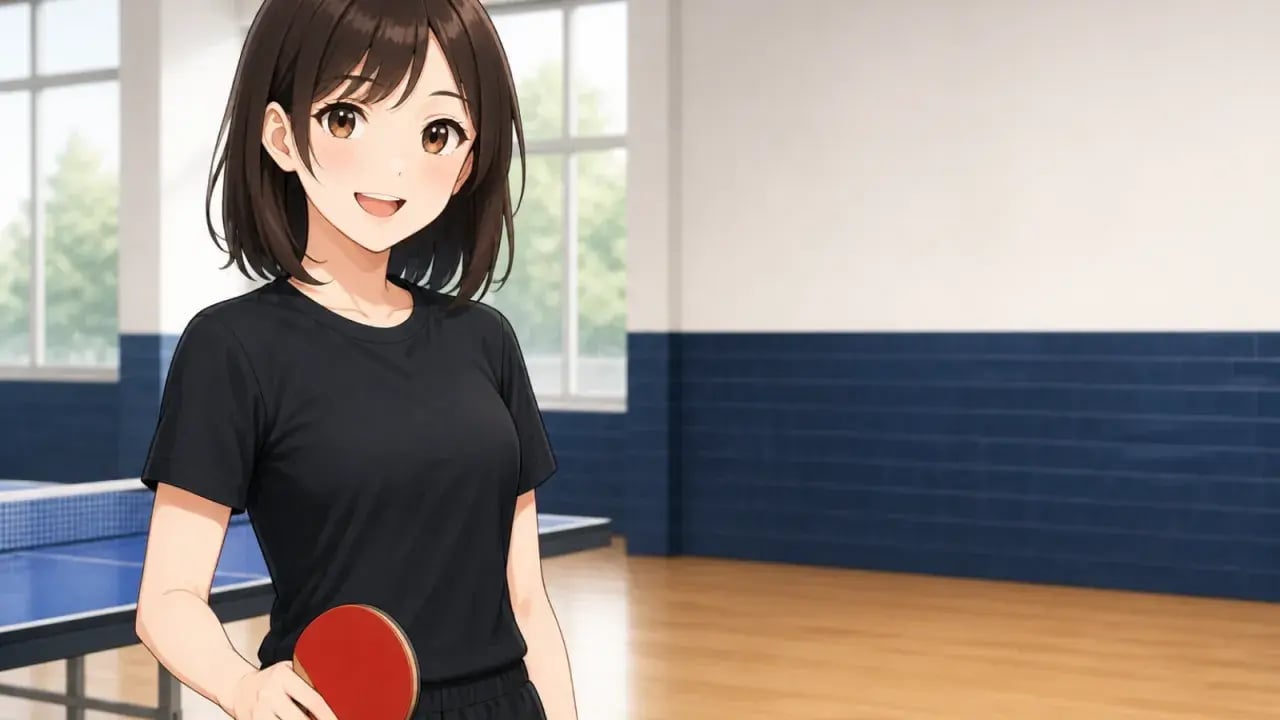ラケットを手に前を見据える卓球プレーヤー。振り切る意識が安定感につながる
